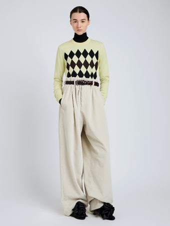 Proenza Schouler Front full length image of model wearing Vivian Top In Argyle Knit in Yellow Multi