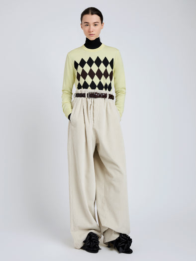 Proenza Schouler Front full length image of model wearing Vivian Top In Argyle Knit in Yellow Multi