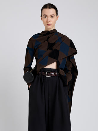 Proenza Schouler Front cropped image of model wearing Vanne Top In Argyle Velvet Knit in Navy Multi