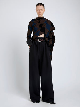 Proenza Schouler Front full length image of model wearing Vanne Top In Argyle Velvet Knit in Navy Multi