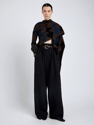 Proenza Schouler Front full length image of model wearing Vanne Top In Argyle Velvet Knit in Navy Multi