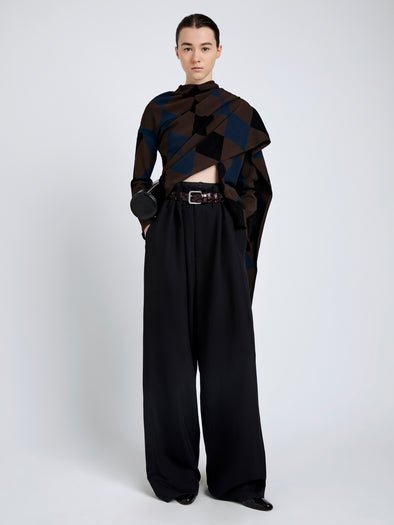 Proenza Schouler Front full length image of model wearing Vanne Top In Argyle Velvet Knit in Navy Multi