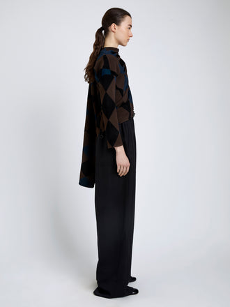 Proenza Schouler Side full length image of model wearing Vanne Top In Argyle Velvet Knit in Navy Multi