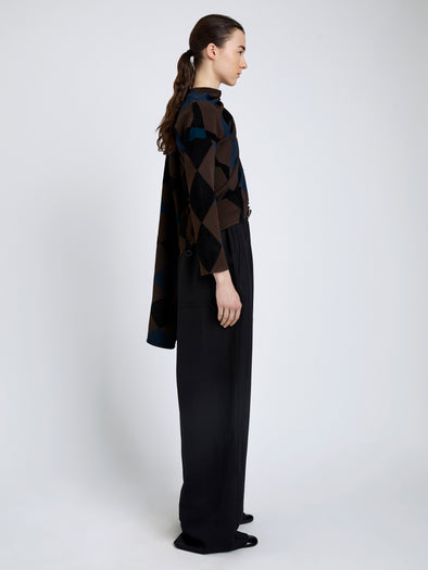 Proenza Schouler Side full length image of model wearing Vanne Top In Argyle Velvet Knit in Navy Multi