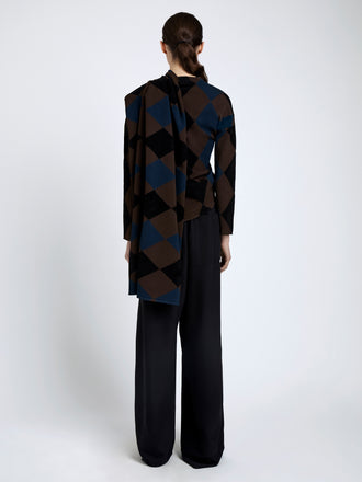 Proenza Schouler Back full length image of model wearing Vanne Top In Argyle Velvet Knit in Navy Multi