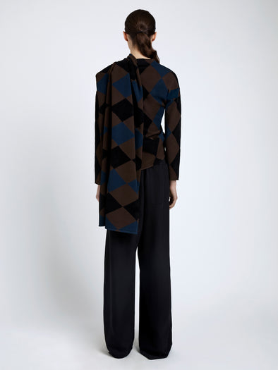 Proenza Schouler Back full length image of model wearing Vanne Top In Argyle Velvet Knit in Navy Multi