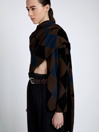 Proenza Schouler Detail image of model wearing Vanne Top In Argyle Velvet Knit in Navy Multi