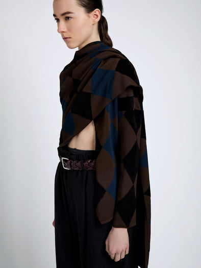 Proenza Schouler Detail image of model wearing Vanne Top In Argyle Velvet Knit in Navy Multi