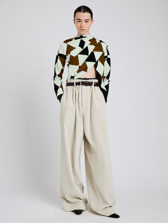 Proenza Schouler Front full length image of model wearing Vanne Top in Argyle Velvet Knit in Light Green Multi