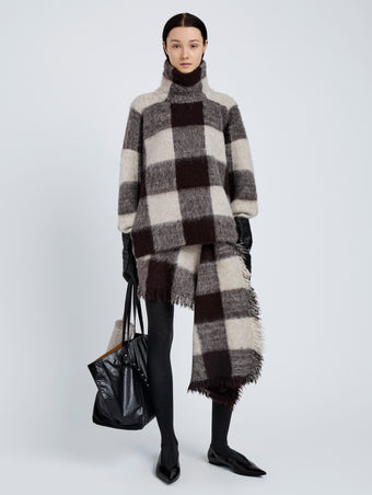 Proenza Schouler Front full length image of model wearing Kai Top In Brushed Glenplaid Knit in Brown Multi