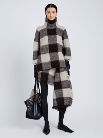 Proenza Schouler Front full length image of model wearing Kai Top In Brushed Glenplaid Knit in Brown Multi