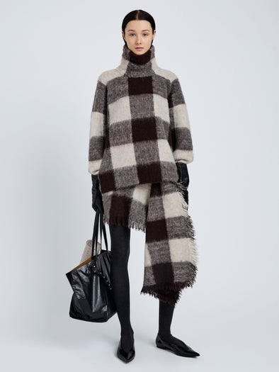 Proenza Schouler Front full length image of model wearing Kai Top In Brushed Glenplaid Knit in Brown Multi