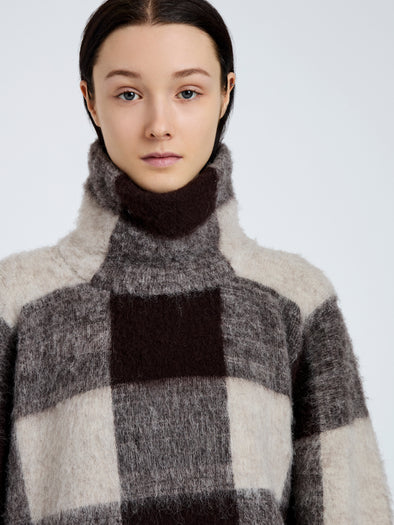 Proenza Schouler Detail image of model wearing Kai Top In Brushed Glenplaid Knit in Brown Multi