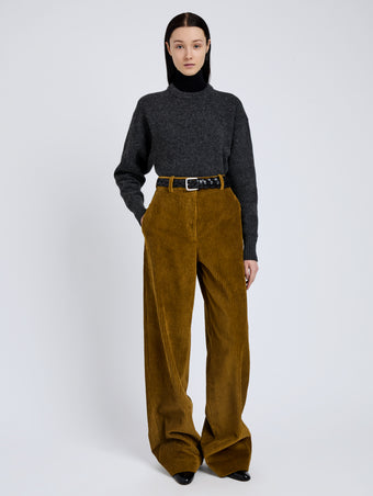 Proenza Schouler Front full length image of model wearing Randi Top In Boiled Wool in Dark Grey