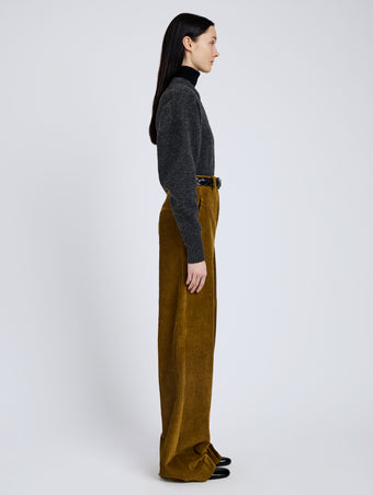 Proenza Schouler Side full length image of model wearing Randi Top In Boiled Wool in Dark Grey