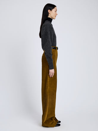 Proenza Schouler Side full length image of model wearing Randi Top In Boiled Wool in Dark Grey