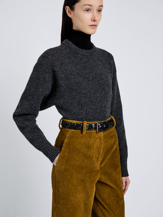 Proenza Schouler Detail image of model wearing Randi Top In Boiled Wool in Dark Grey