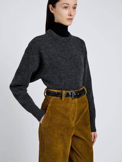 Proenza Schouler Detail image of model wearing Randi Top In Boiled Wool in Dark Grey