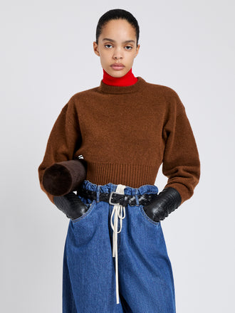 Proenza Schouler Front cropped image of model wearing Randi Top in Boiled Wool in Brown