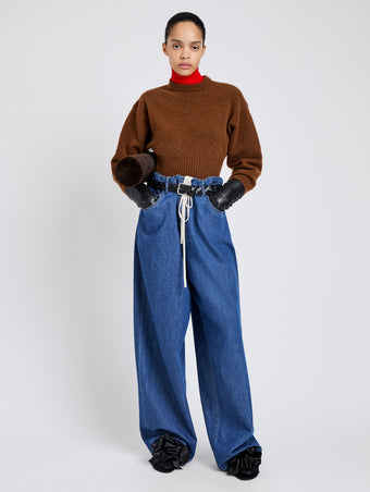 Proenza Schouler Front full length image of model wearing Randi Top in Boiled Wool in Brown
