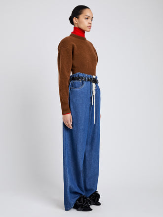 Proenza Schouler Side full length image of model wearing Randi Top in Boiled Wool in Brown