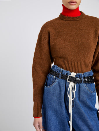 Proenza Schouler Detail image of model wearing Randi Top in Boiled Wool in Brown