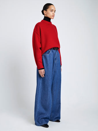Proenza Schouler Side full length image of model wearing Ruthi Top In Chunky Cashmere in Red