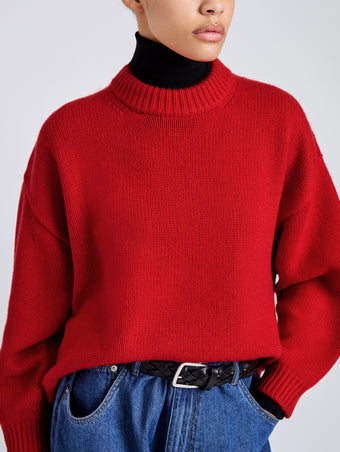 Proenza Schouler Detail image of model wearing Ruthi Top In Chunky Cashmere in Red