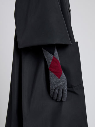 Proenza Schouler image of model wearing Vivian Gloves in Argyle Cashmere Knit in Grey Multi with black jacket