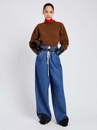 Proenza Schouler Front full length image of model wearing Salome Jean in Lightweight Denim in Medium Blue