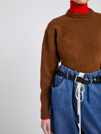 Proenza Schouler Detail image of model wearing Salome Jean in Lightweight Denim in Medium Blue