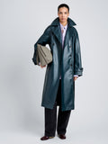 Proenza Schouler Front full length image of model wearing Benedetta Trench Coat in Coated Cotton in Bottle Green