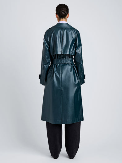 Proenza Schouler Back full length image of model wearing Benedetta Trench Coat in Coated Cotton in Bottle Green