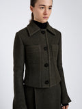 Proenza Schouler Detail image of model wearing Kinsley Jacket in Boucle Twill Suiting in Wood