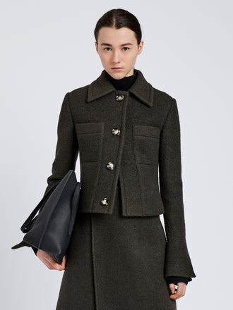 Proenza Schouler Front cropped image of model wearing Kinsley Jacket in Boucle Twill Suiting in Wood