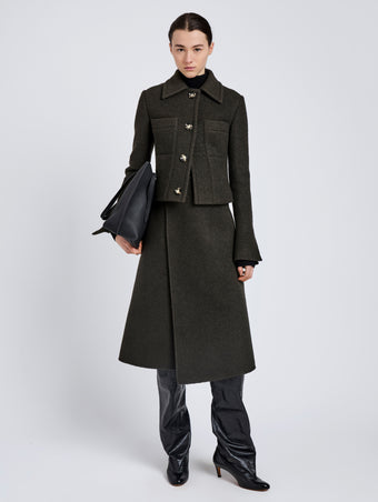 Proenza Schouler Front full length image of model wearing Kinsley Jacket in Boucle Twill Suiting in Wood