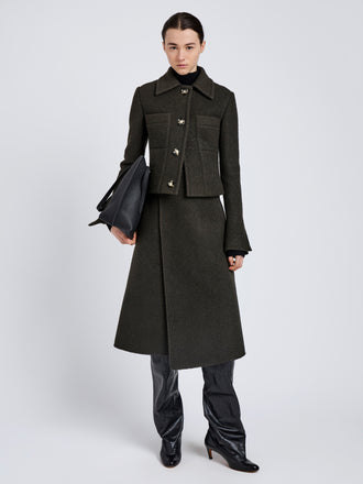 Proenza Schouler Front full length image of model wearing Kinsley Jacket in Boucle Twill Suiting in Wood
