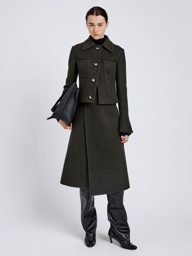 Proenza Schouler Front full length image of model wearing Kinsley Jacket in Boucle Twill Suiting in Wood