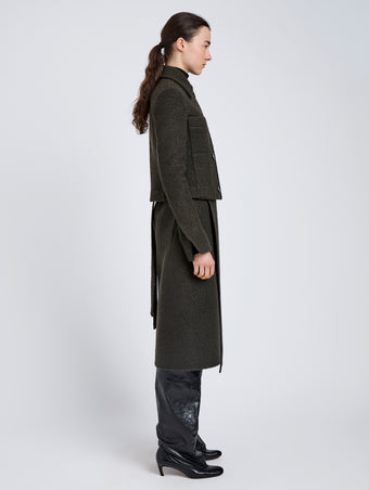 Proenza Schouler Side full length image of model wearing Kinsley Jacket in Boucle Twill Suiting in Wood