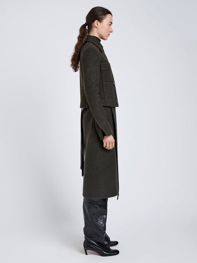 Proenza Schouler Side full length image of model wearing Kinsley Jacket in Boucle Twill Suiting in Wood