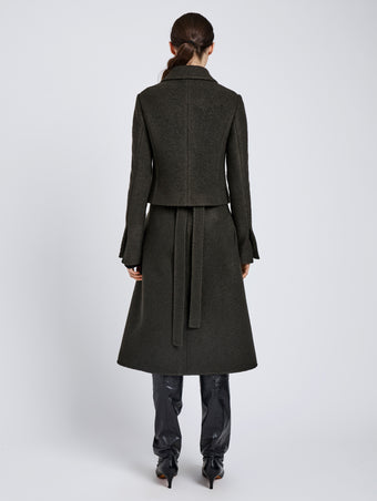 Proenza Schouler Back full length image of model wearing Kinsley Jacket in Boucle Twill Suiting in Wood