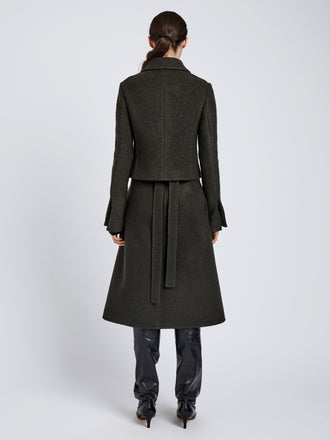 Proenza Schouler Back full length image of model wearing Kinsley Jacket in Boucle Twill Suiting in Wood