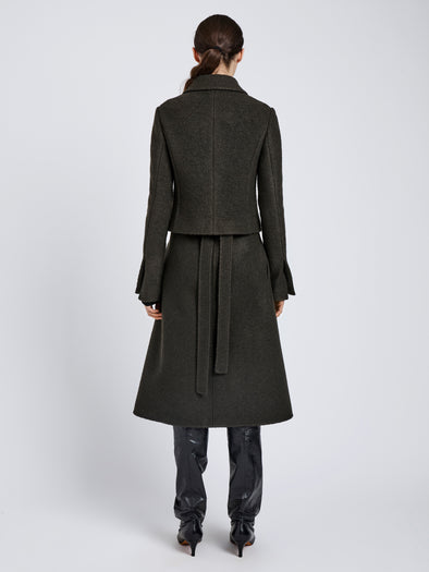 Proenza Schouler Back full length image of model wearing Kinsley Jacket in Boucle Twill Suiting in Wood