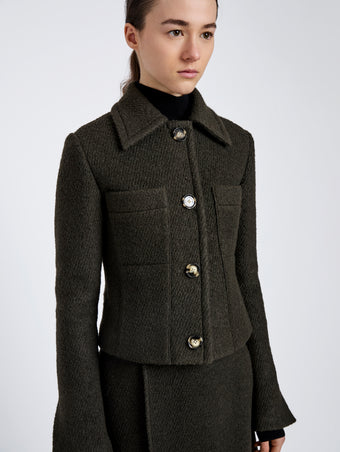 Proenza Schouler Detail image of model wearing Kinsley Jacket in Boucle Twill Suiting in Wood