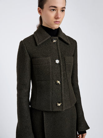 Proenza Schouler Detail image of model wearing Kinsley Jacket in Boucle Twill Suiting in Wood