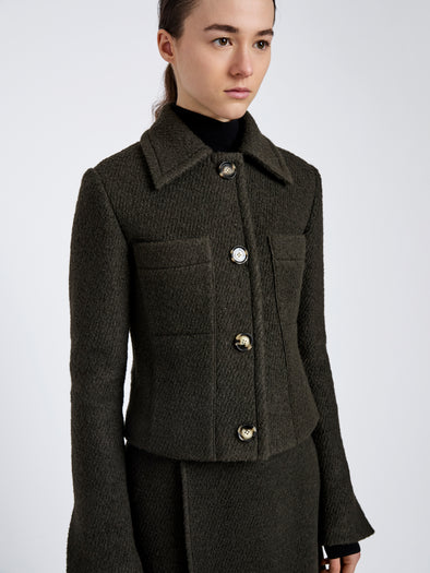 Proenza Schouler Detail image of model wearing Kinsley Jacket in Boucle Twill Suiting in Wood