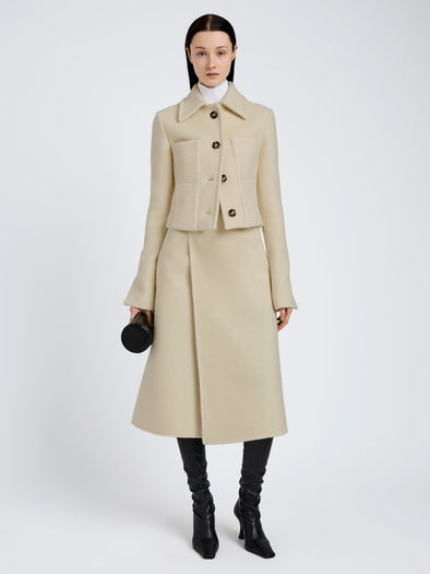 Proenza Schouler Front full length image of model wearing Kinsley Jacket in Boucle Twill Suiting in Off White