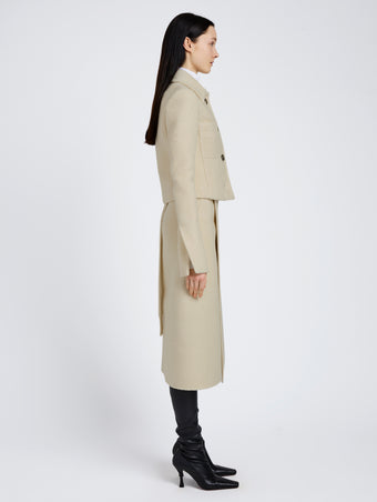 Proenza Schouler Side full length image of model wearing Kinsley Jacket in Boucle Twill Suiting in Off White