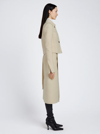 Proenza Schouler Side full length image of model wearing Kinsley Jacket in Boucle Twill Suiting in Off White