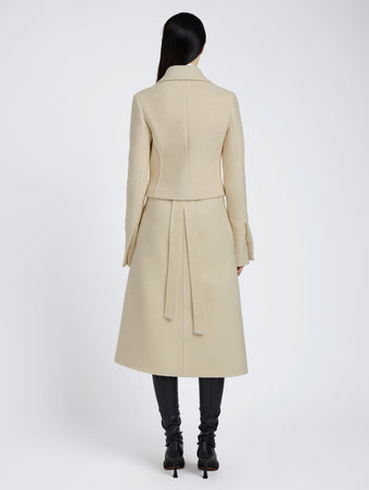 Proenza Schouler Back full length image of model wearing Kinsley Jacket in Boucle Twill Suiting in Off White